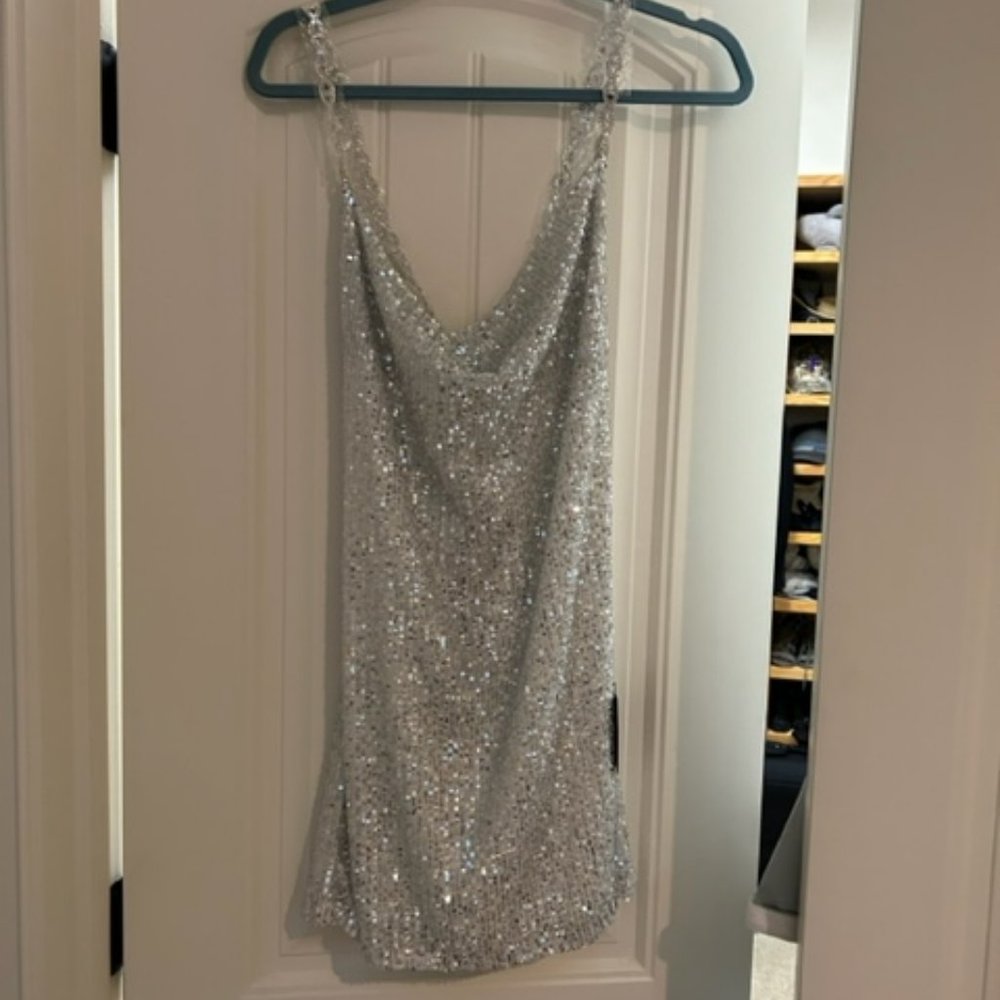 Lulus Famous Behavior Silver Sequin Cowl Neck Mini Dress